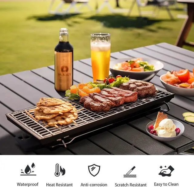 Alt view image 6 of 7 - Folding Camping Table with Adjustable Height, Portable Roll-Up Aluminum Table with Storage Basket and Carry Bag for Outdoor Picnic BBQ Beach Backyard