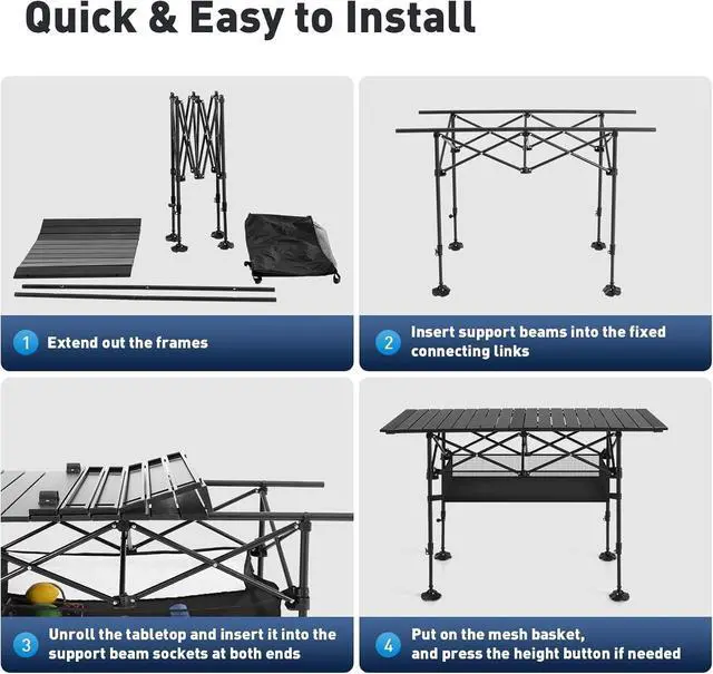 Alt view image 7 of 7 - Folding Camping Table with Adjustable Height, Portable Roll-Up Aluminum Table with Storage Basket and Carry Bag for Outdoor Picnic BBQ Beach Backyard