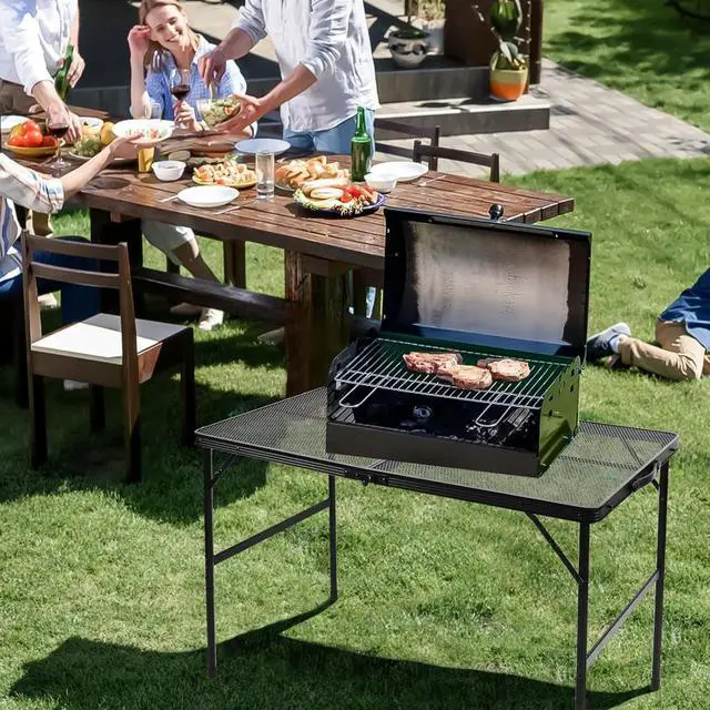 Alt view image 2 of 7 - Folding Grill 3x2 FT Portable Camping Table, Lightweight Height Adjustable Metal Table with Mesh Desktop and Storage Bag for Outdoor BBQ Beach Party