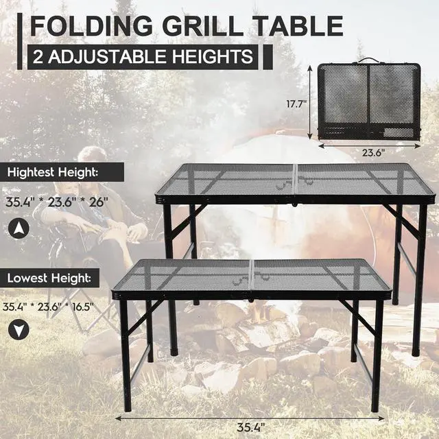 Alt view image 3 of 7 - Folding Grill 3x2 FT Portable Camping Table, Lightweight Height Adjustable Metal Table with Mesh Desktop and Storage Bag for Outdoor BBQ Beach Party
