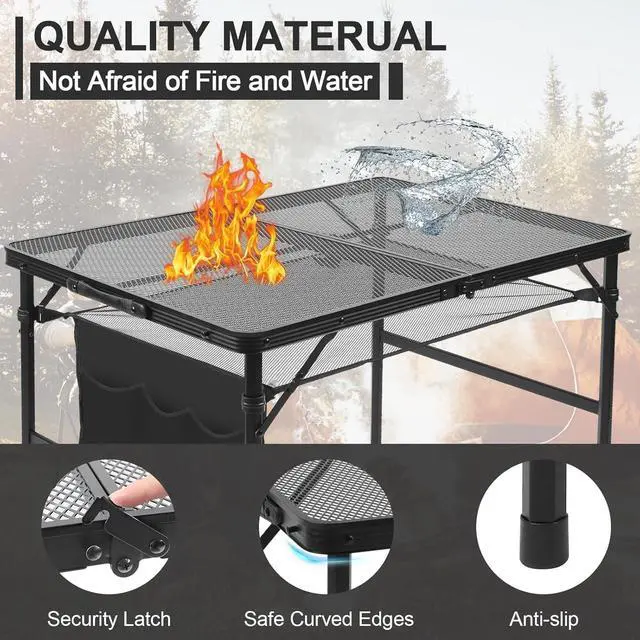 Alt view image 5 of 7 - Folding Grill 3x2 FT Portable Camping Table, Lightweight Height Adjustable Metal Table with Mesh Desktop and Storage Bag for Outdoor BBQ Beach Party