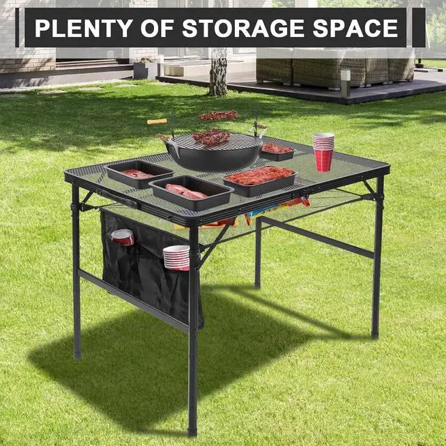 Alt view image 6 of 7 - Folding Grill 3x2 FT Portable Camping Table, Lightweight Height Adjustable Metal Table with Mesh Desktop and Storage Bag for Outdoor BBQ Beach Party