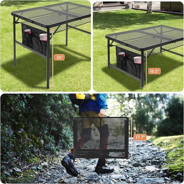 Alt view image 7 of 7 - Folding Grill 3x2 FT Portable Camping Table, Lightweight Height Adjustable Metal Table with Mesh Desktop and Storage Bag for Outdoor BBQ Beach Party