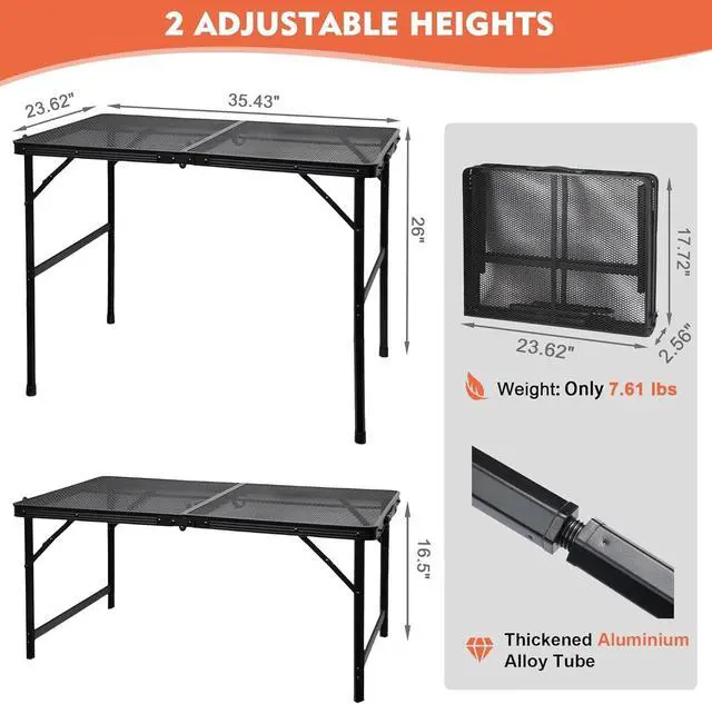 Alt view image 2 of 7 - 3 FT Lightweight Folding Camping Table with Mesh Desktop, Height Adjustable Metal Outdoor Grill Table for BBQ, Picnic, RV and Camping