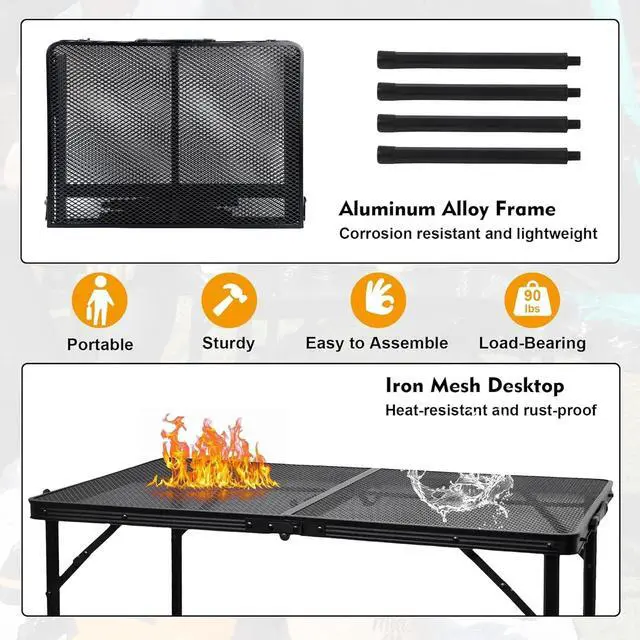 Alt view image 3 of 7 - 3 FT Lightweight Folding Camping Table with Mesh Desktop, Height Adjustable Metal Outdoor Grill Table for BBQ, Picnic, RV and Camping
