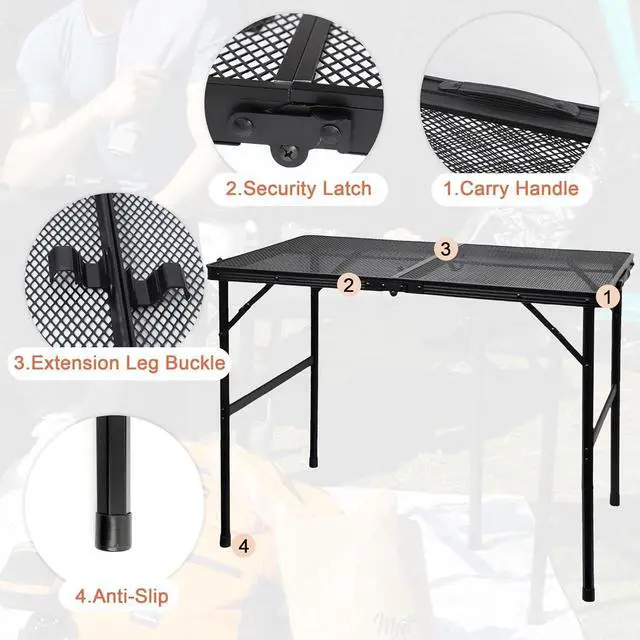 Alt view image 7 of 7 - 3 FT Lightweight Folding Camping Table with Mesh Desktop, Height Adjustable Metal Outdoor Grill Table for BBQ, Picnic, RV and Camping
