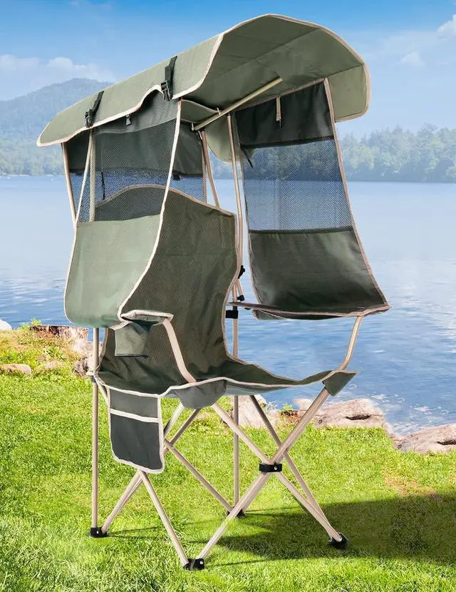 Main image of Adjustable Canopy Folding Camping Chair for Adults, 600D Oxford Steel Frame Outdoor Lawn Chair with Side Sun Shades Cup Holder Side Pocket, Holds Up to 330 LBS for Beach Fishing Sports Tailgate