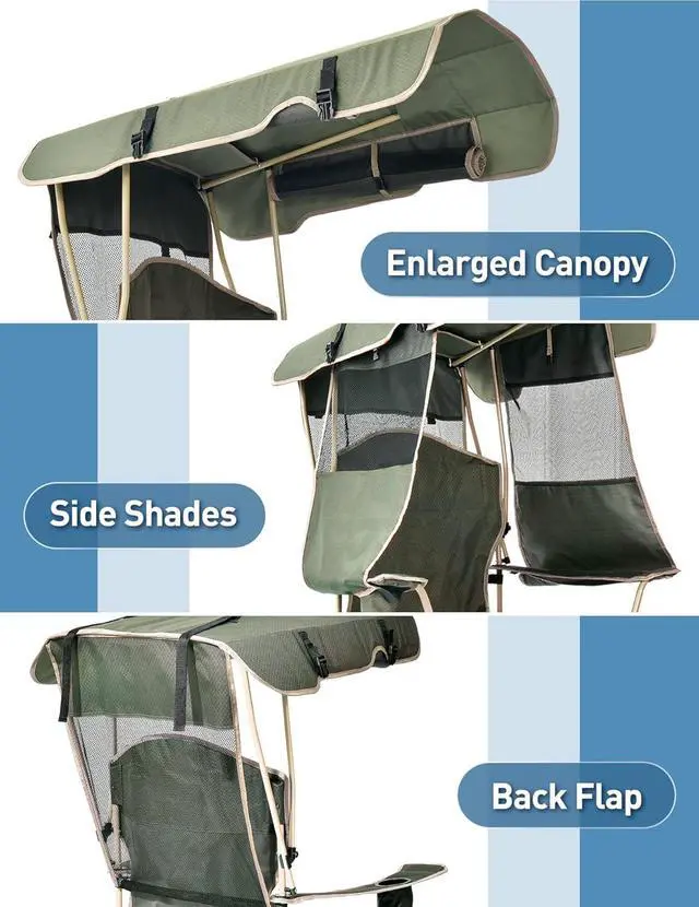 Alt view image 2 of 6 - Adjustable Canopy Folding Camping Chair for Adults, 600D Oxford Steel Frame Outdoor Lawn Chair with Side Sun Shades Cup Holder Side Pocket, Holds Up to 330 LBS for Beach Fishing Sports Tailgate