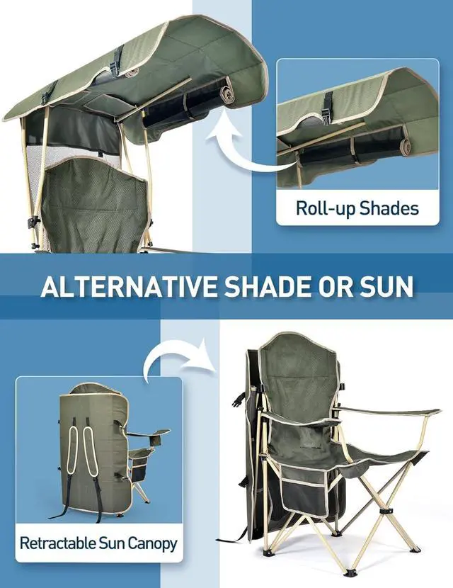 Alt view image 5 of 6 - Adjustable Canopy Folding Camping Chair for Adults, 600D Oxford Steel Frame Outdoor Lawn Chair with Side Sun Shades Cup Holder Side Pocket, Holds Up to 330 LBS for Beach Fishing Sports Tailgate