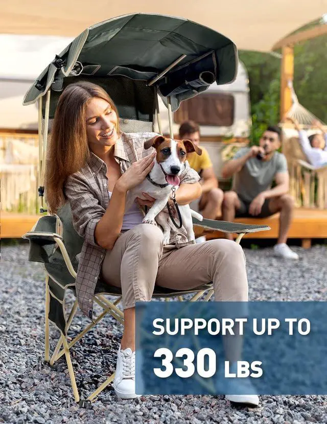 Alt view image 6 of 6 - Adjustable Canopy Folding Camping Chair for Adults, 600D Oxford Steel Frame Outdoor Lawn Chair with Side Sun Shades Cup Holder Side Pocket, Holds Up to 330 LBS for Beach Fishing Sports Tailgate