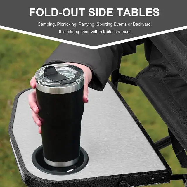 Alt view image 4 of 7 - Heavy Duty Folding Camping Chair for Adults, 600D Oxford Fabric Foldable Director Chair with Steel Frame, Detachable Side Pocket and Side Table, Supports Up to 450LBS for Outdoor Camping Patio Sports
