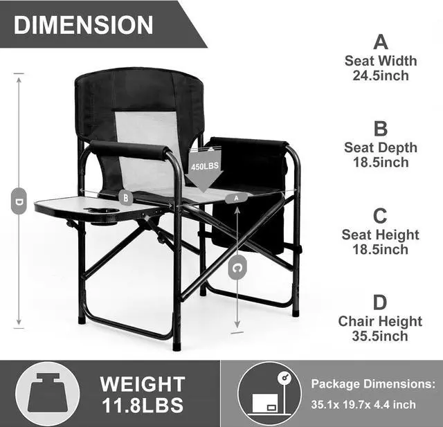 Alt view image 7 of 7 - Heavy Duty Folding Camping Chair for Adults, 600D Oxford Fabric Foldable Director Chair with Steel Frame, Detachable Side Pocket and Side Table, Supports Up to 450LBS for Outdoor Camping Patio Sports