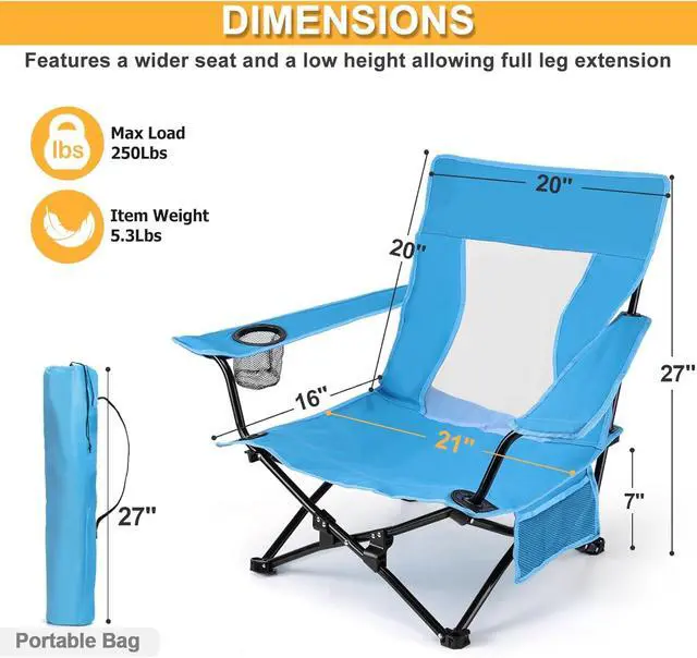 Alt view image 2 of 6 - 2 Pack Low Profile Folding Beach Chairs, Heavy Duty 600D Oxford Steel Frame Portable Outdoor Chair with Cup Holder, Storage Pocket and Carry Bag, 250LBS Capacity for Fishing Lawn Patio Sports