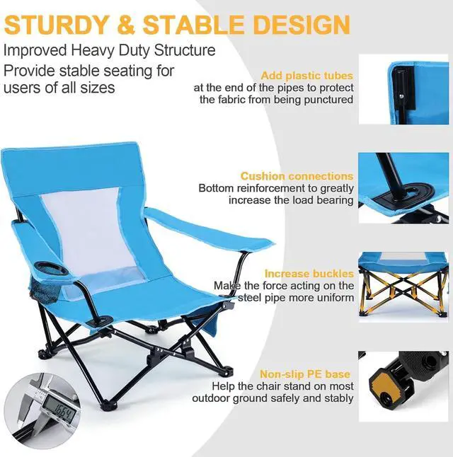 Alt view image 3 of 6 - 2 Pack Low Profile Folding Beach Chairs, Heavy Duty 600D Oxford Steel Frame Portable Outdoor Chair with Cup Holder, Storage Pocket and Carry Bag, 250LBS Capacity for Fishing Lawn Patio Sports