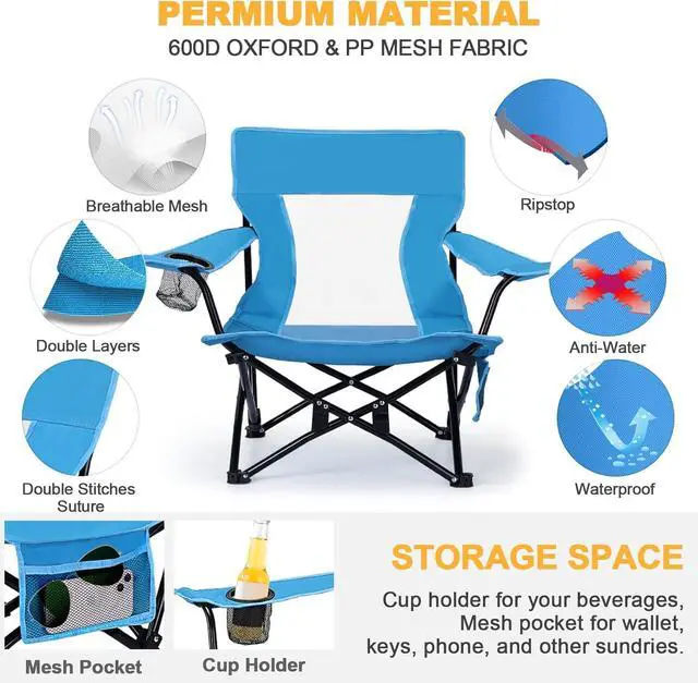 Alt view image 4 of 6 - 2 Pack Low Profile Folding Beach Chairs, Heavy Duty 600D Oxford Steel Frame Portable Outdoor Chair with Cup Holder, Storage Pocket and Carry Bag, 250LBS Capacity for Fishing Lawn Patio Sports