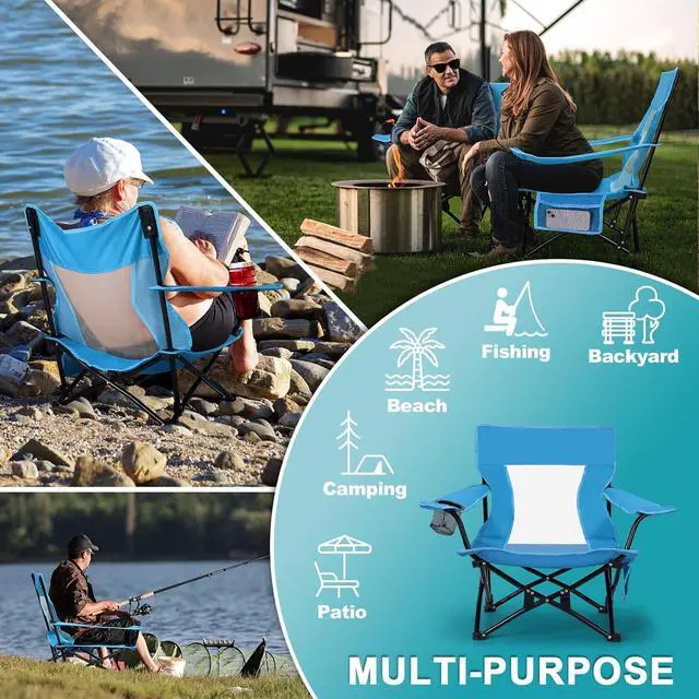 Alt view image 5 of 6 - 2 Pack Low Profile Folding Beach Chairs, Heavy Duty 600D Oxford Steel Frame Portable Outdoor Chair with Cup Holder, Storage Pocket and Carry Bag, 250LBS Capacity for Fishing Lawn Patio Sports