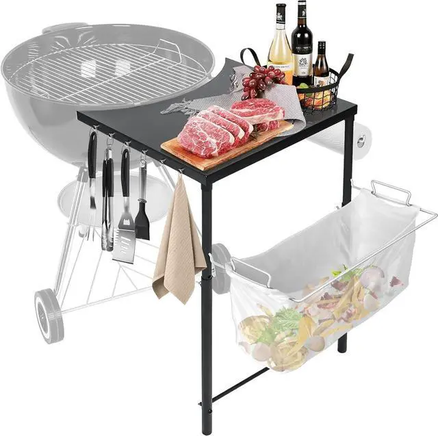 Main image of Adjustable Height Grill Side Work Table with Tool Hooks for 22/26 Inch Charcoal Kettle Grills and Smokers, Heavy Duty Steel Prep Table