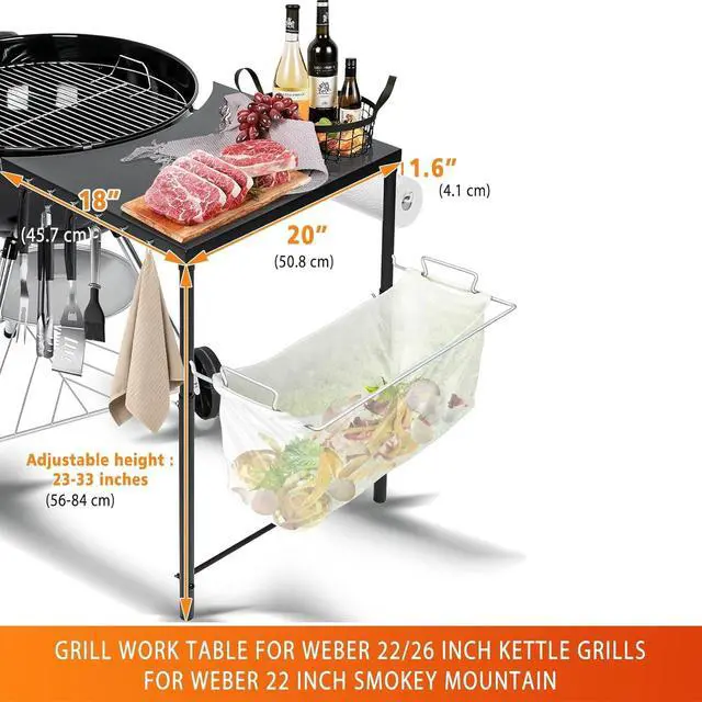 Alt view image 2 of 7 - Adjustable Height Grill Side Work Table with Tool Hooks for 22/26 Inch Charcoal Kettle Grills and Smokers, Heavy Duty Steel Prep Table