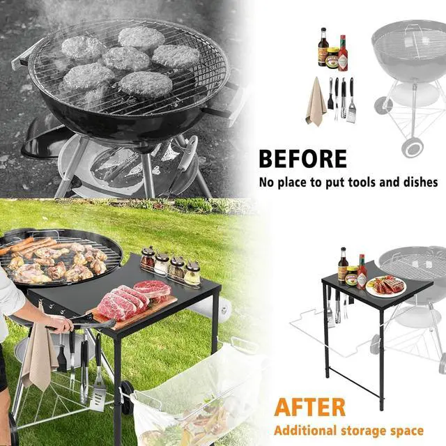 Alt view image 3 of 7 - Adjustable Height Grill Side Work Table with Tool Hooks for 22/26 Inch Charcoal Kettle Grills and Smokers, Heavy Duty Steel Prep Table