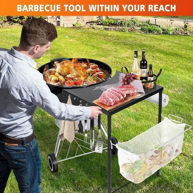 Alt view image 6 of 7 - Adjustable Height Grill Side Work Table with Tool Hooks for 22/26 Inch Charcoal Kettle Grills and Smokers, Heavy Duty Steel Prep Table
