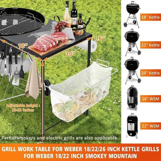 Alt view image 7 of 7 - Adjustable Height Grill Side Work Table with Tool Hooks for 22/26 Inch Charcoal Kettle Grills and Smokers, Heavy Duty Steel Prep Table