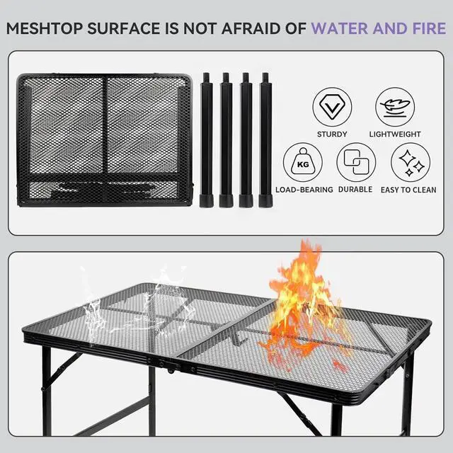 Alt view image 3 of 6 - 3x2 FT Folding Grill Camping Table, Lightweight Height Adjustable Metal Portable Table for Outdoor BBQ Picnic Beach and Camping