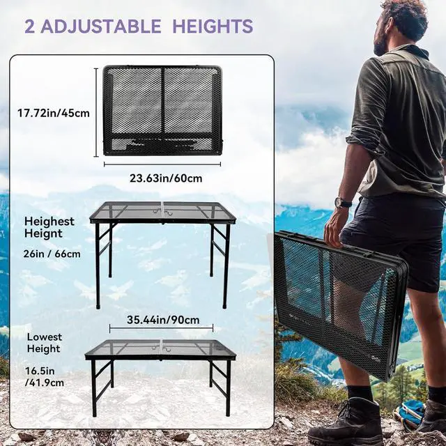 Alt view image 4 of 6 - 3x2 FT Folding Grill Camping Table, Lightweight Height Adjustable Metal Portable Table for Outdoor BBQ Picnic Beach and Camping