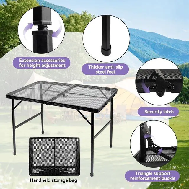 Alt view image 5 of 6 - 3x2 FT Folding Grill Camping Table, Lightweight Height Adjustable Metal Portable Table for Outdoor BBQ Picnic Beach and Camping