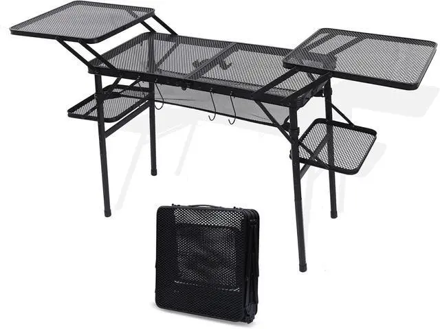 Main image of Compact Lightweight Folding Camping Table, Heat Resistant Metal Outdoor Cooking Table with 4 Side Tables, Lower Mesh Net and Anti-Slip Feet, Portable Prep Station for BBQ Picnic Tailgate Camping