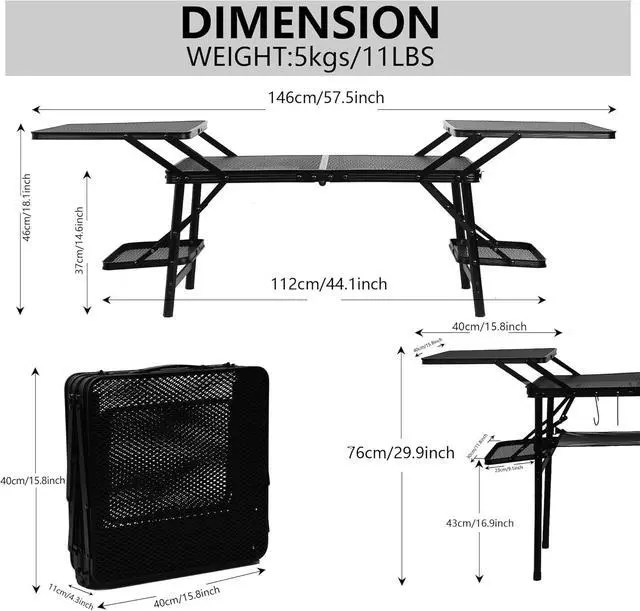 Alt view image 2 of 7 - Compact Lightweight Folding Camping Table, Heat Resistant Metal Outdoor Cooking Table with 4 Side Tables, Lower Mesh Net and Anti-Slip Feet, Portable Prep Station for BBQ Picnic Tailgate Camping