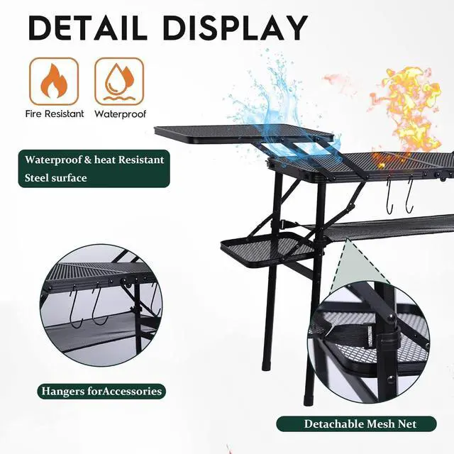 Alt view image 3 of 7 - Compact Lightweight Folding Camping Table, Heat Resistant Metal Outdoor Cooking Table with 4 Side Tables, Lower Mesh Net and Anti-Slip Feet, Portable Prep Station for BBQ Picnic Tailgate Camping