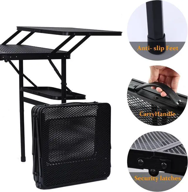 Alt view image 4 of 7 - Compact Lightweight Folding Camping Table, Heat Resistant Metal Outdoor Cooking Table with 4 Side Tables, Lower Mesh Net and Anti-Slip Feet, Portable Prep Station for BBQ Picnic Tailgate Camping