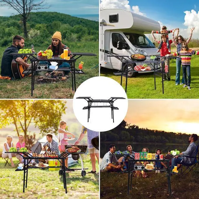 Alt view image 5 of 7 - Compact Lightweight Folding Camping Table, Heat Resistant Metal Outdoor Cooking Table with 4 Side Tables, Lower Mesh Net and Anti-Slip Feet, Portable Prep Station for BBQ Picnic Tailgate Camping
