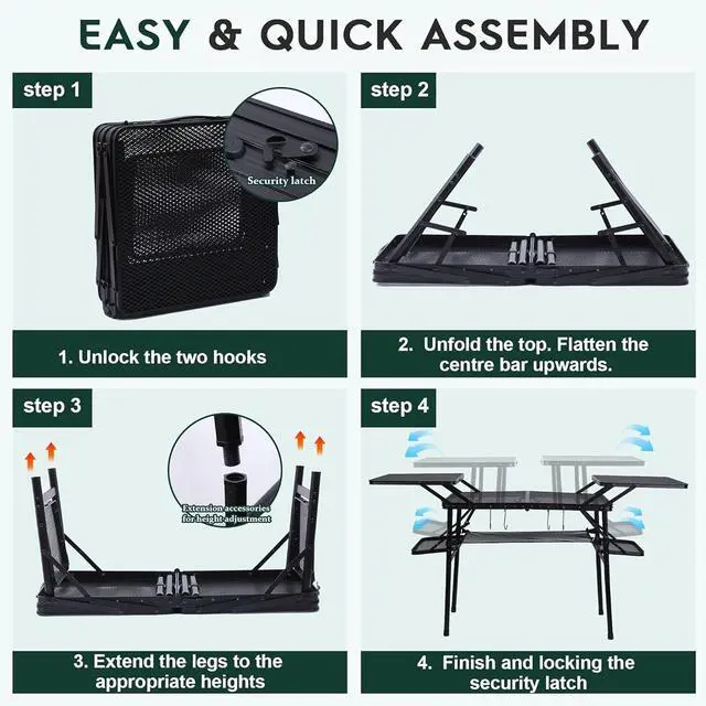 Alt view image 6 of 7 - Compact Lightweight Folding Camping Table, Heat Resistant Metal Outdoor Cooking Table with 4 Side Tables, Lower Mesh Net and Anti-Slip Feet, Portable Prep Station for BBQ Picnic Tailgate Camping