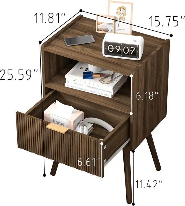 Alt view image 2 of 7 - Modern Walnut Brown Nightstand, Bedside Table with Storage Drawer & Open Wood Shelf, Solid Wood Legs Accent Side Table, Easy Assembly for Bedroom Living Room Small Spaces