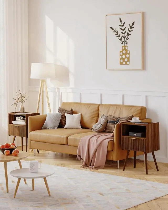 Alt view image 3 of 7 - Modern Walnut Brown Nightstand, Bedside Table with Storage Drawer & Open Wood Shelf, Solid Wood Legs Accent Side Table, Easy Assembly for Bedroom Living Room Small Spaces