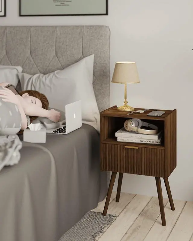 Alt view image 4 of 7 - Modern Walnut Brown Nightstand, Bedside Table with Storage Drawer & Open Wood Shelf, Solid Wood Legs Accent Side Table, Easy Assembly for Bedroom Living Room Small Spaces