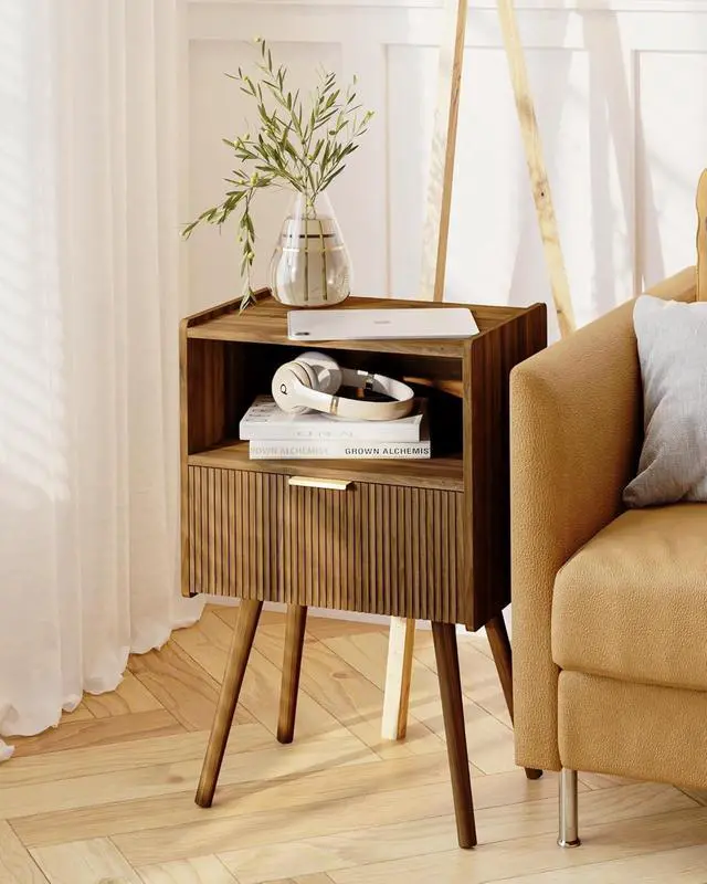 Alt view image 5 of 7 - Modern Walnut Brown Nightstand, Bedside Table with Storage Drawer & Open Wood Shelf, Solid Wood Legs Accent Side Table, Easy Assembly for Bedroom Living Room Small Spaces