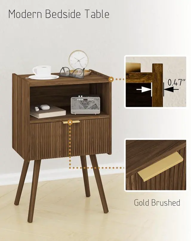 Alt view image 6 of 7 - Modern Walnut Brown Nightstand, Bedside Table with Storage Drawer & Open Wood Shelf, Solid Wood Legs Accent Side Table, Easy Assembly for Bedroom Living Room Small Spaces