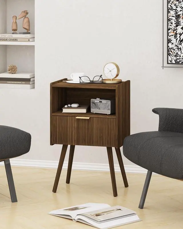 Alt view image 7 of 7 - Modern Walnut Brown Nightstand, Bedside Table with Storage Drawer & Open Wood Shelf, Solid Wood Legs Accent Side Table, Easy Assembly for Bedroom Living Room Small Spaces