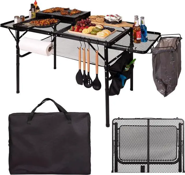 Main image of 3x2 FT Foldable Camping Table with Adjustable Height, Wing Panels, Paper Towel Holder, Garbage Holder, Hooks and Carry Bag for Outdoor Grill Picnic BBQ Beach