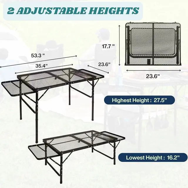 Alt view image 2 of 7 - 3x2 FT Foldable Camping Table with Adjustable Height, Wing Panels, Paper Towel Holder, Garbage Holder, Hooks and Carry Bag for Outdoor Grill Picnic BBQ Beach