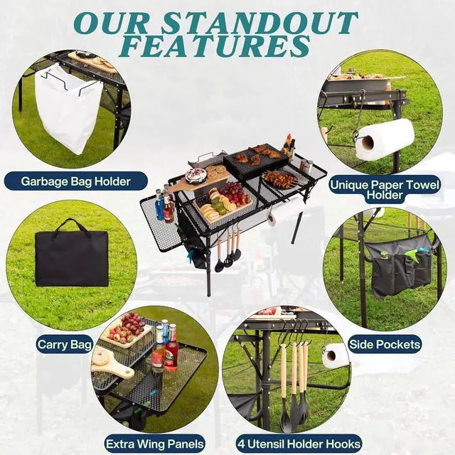 Alt view image 3 of 7 - 3x2 FT Foldable Camping Table with Adjustable Height, Wing Panels, Paper Towel Holder, Garbage Holder, Hooks and Carry Bag for Outdoor Grill Picnic BBQ Beach
