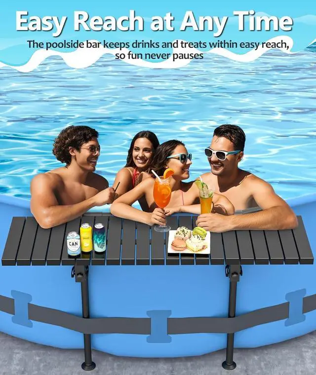 Alt view image 2 of 7 - Above Ground Pool Side Bar Table, Galvanized Iron & ABS Poolside Table, 49.4×9.6" Swim Up Bar Fits Top Rails 4.48", Holds 110LBS, Pool Accessories for Round Oval Pools