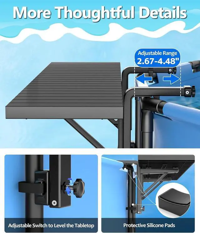 Alt view image 6 of 7 - Above Ground Pool Side Bar Table, Galvanized Iron & ABS Poolside Table, 49.4×9.6" Swim Up Bar Fits Top Rails 4.48", Holds 110LBS, Pool Accessories for Round Oval Pools