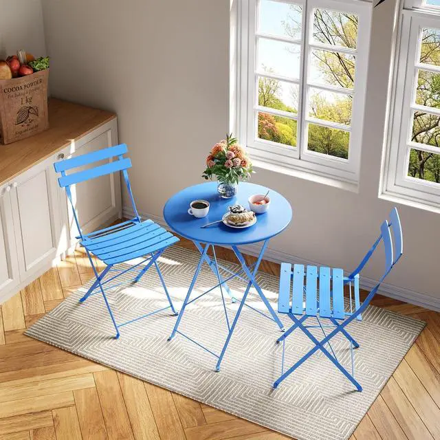 Alt view image 2 of 7 - 3 Piece Folding Bistro Table and Chairs Set, Sturdy Metal Frame Waterproof UV Resistant Patio Furniture, No Assembly Portable Foldable Dining Set for Indoor Outdoor Balcony Yard Garden, Blue