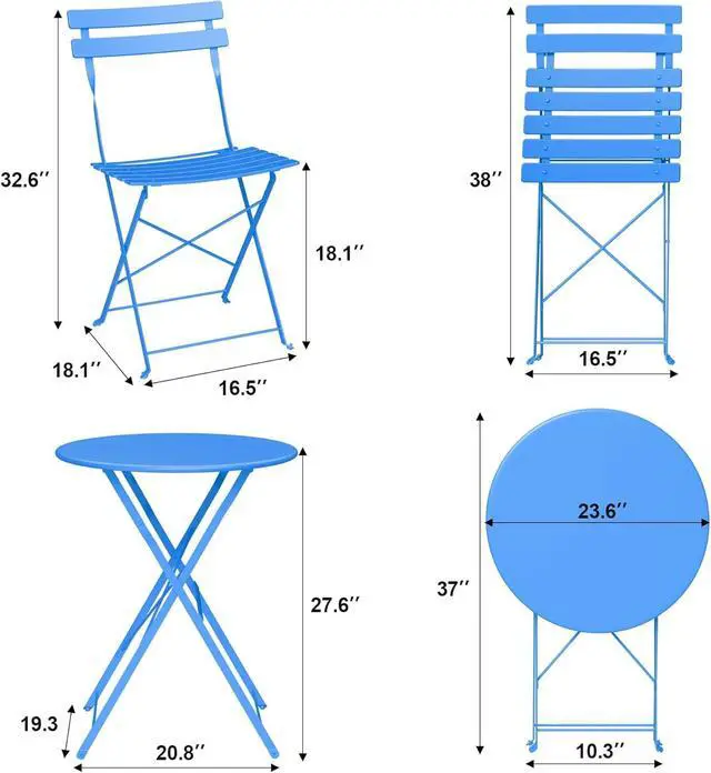 Alt view image 3 of 7 - 3 Piece Folding Bistro Table and Chairs Set, Sturdy Metal Frame Waterproof UV Resistant Patio Furniture, No Assembly Portable Foldable Dining Set for Indoor Outdoor Balcony Yard Garden, Blue