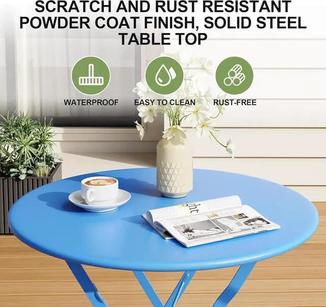 Alt view image 4 of 7 - 3 Piece Folding Bistro Table and Chairs Set, Sturdy Metal Frame Waterproof UV Resistant Patio Furniture, No Assembly Portable Foldable Dining Set for Indoor Outdoor Balcony Yard Garden, Blue