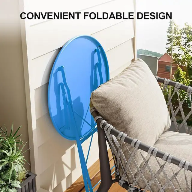 Alt view image 5 of 7 - 3 Piece Folding Bistro Table and Chairs Set, Sturdy Metal Frame Waterproof UV Resistant Patio Furniture, No Assembly Portable Foldable Dining Set for Indoor Outdoor Balcony Yard Garden, Blue