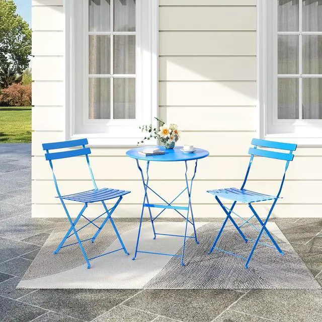 Alt view image 7 of 7 - 3 Piece Folding Bistro Table and Chairs Set, Sturdy Metal Frame Waterproof UV Resistant Patio Furniture, No Assembly Portable Foldable Dining Set for Indoor Outdoor Balcony Yard Garden, Blue